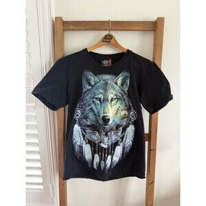 VTG Native Wolf Tee Shirt Medium Black Graphic Dreamcatcher Nature Single Stitch